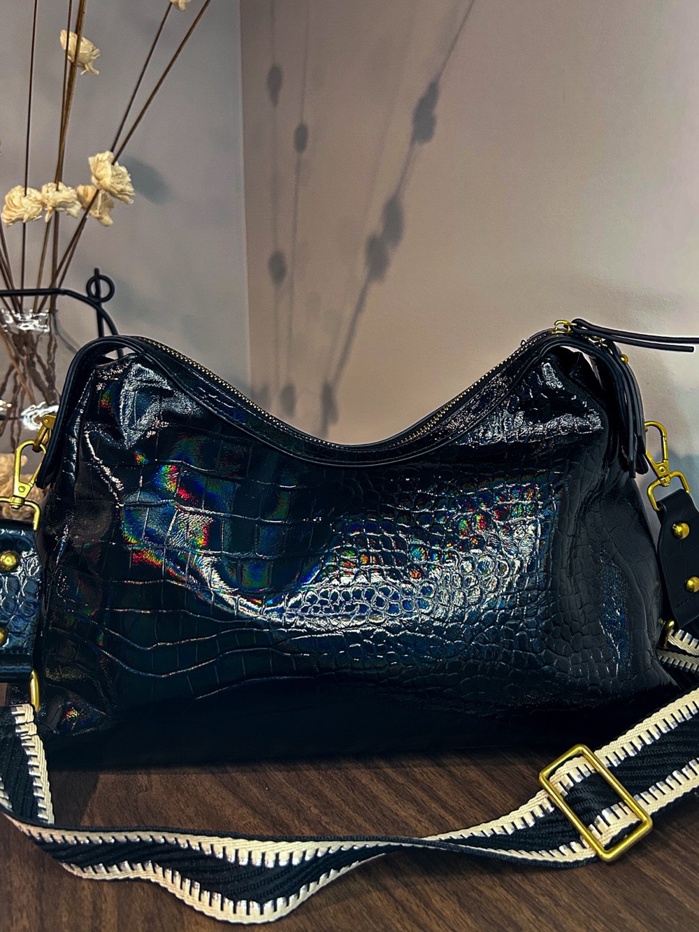 Sharif Legacy Milano Oil Slick Croc Embossed Satchel Crossbody NWOT - Picture 7 of 10